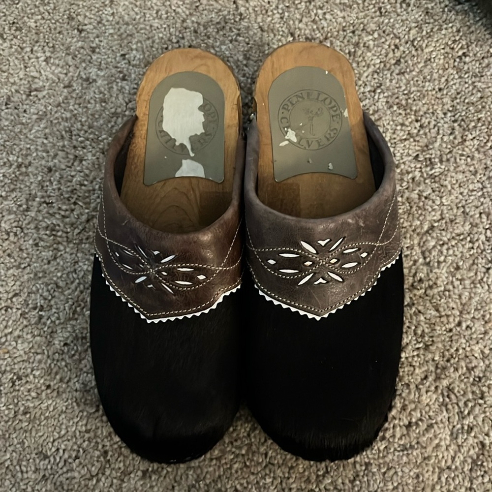 Penelope Chilvers Black Pony Hair Clogs-Size 40